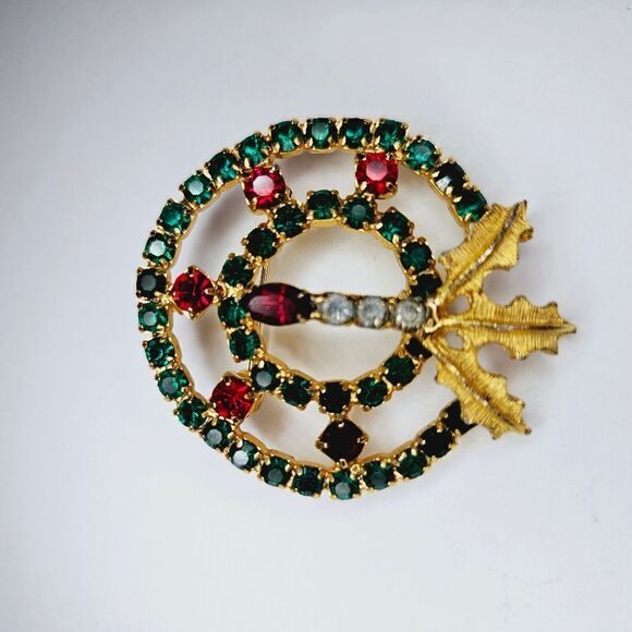 Vintage Rhinestone Prong Set Candle Holly Christmas Openwork Festive Pin Brooch - Picture 5 of 9